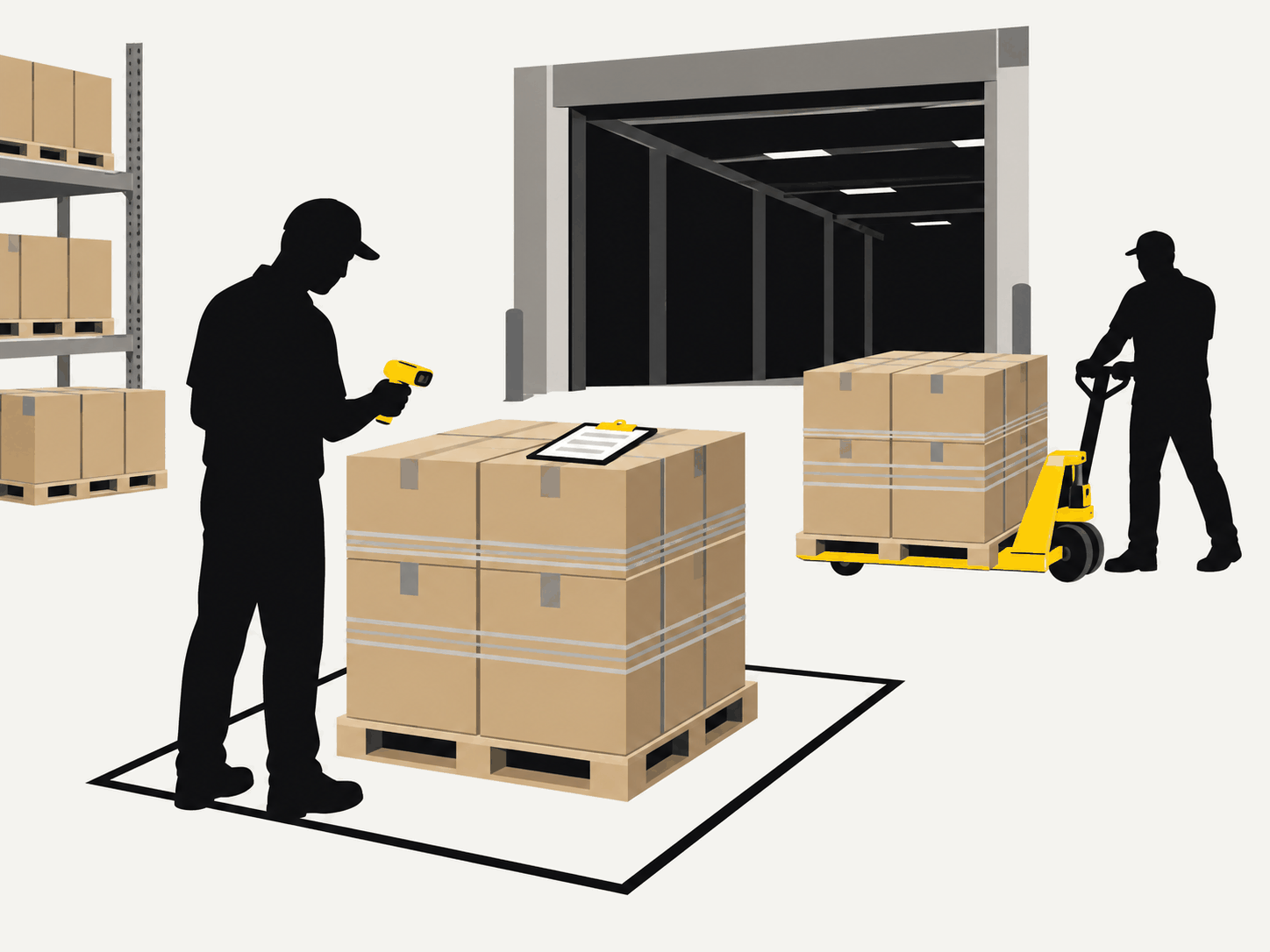 Illustration: Eine Person zählt mit einem Handscanner die Kartons einer Palette in einer markierten Fläche, eine zweite bringt die nächste Palette mit dem Hubwagen