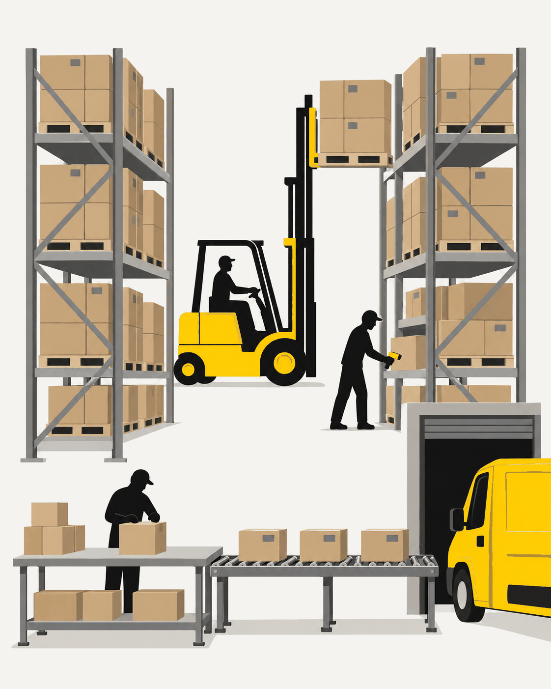 Illustration: Ein Gabelstapler lagert eine Palette ins Hochregal, eine Person scannt einen Karton, eine zweite packt am Packtisch, fertige Kartons laufen über ein Rollband zum Lieferwagen