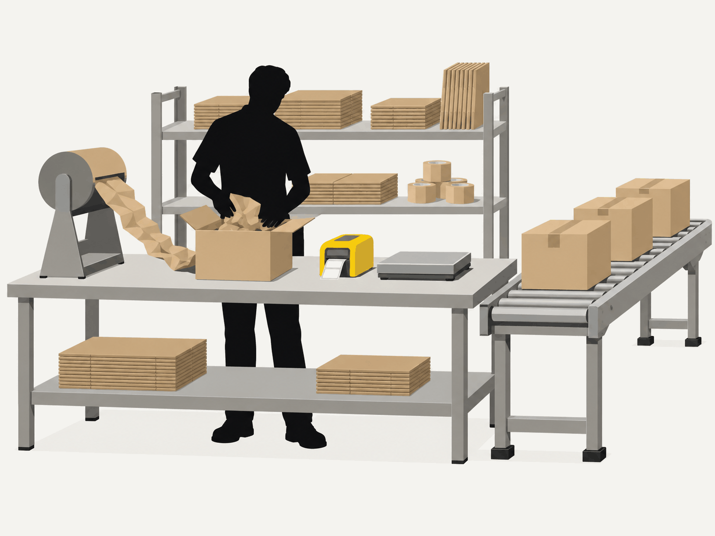 Illustration: Packstation mit einer Person, die Ware in einen Karton legt, daneben Polsterpapier, Etikettendrucker, Waage und ein Rollband mit fertigen Kartons
