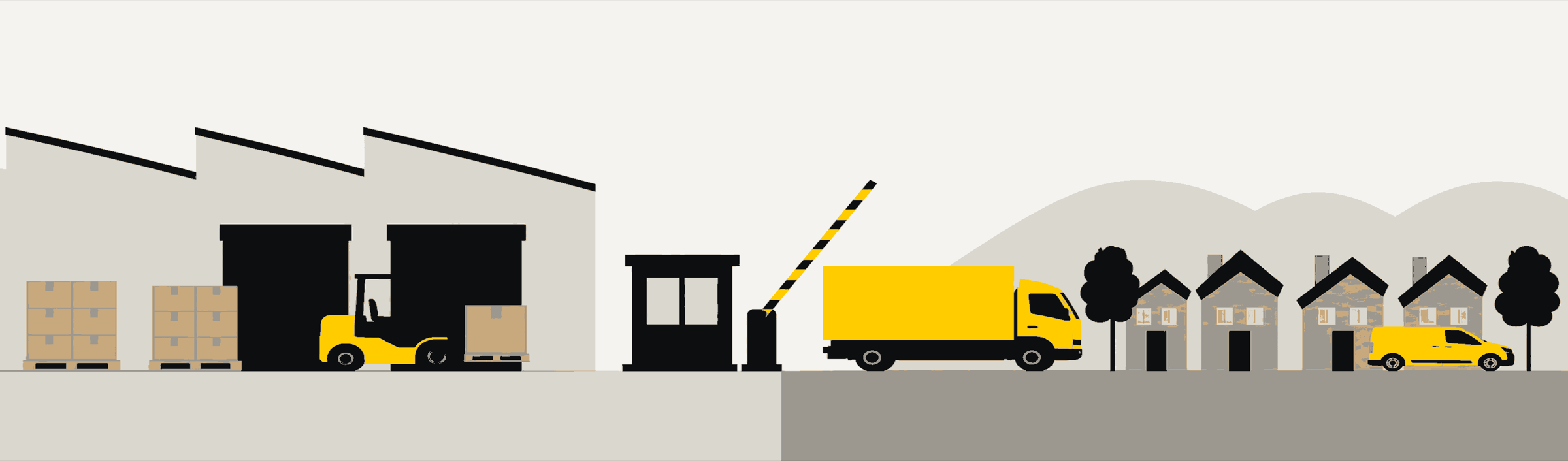 Flache Zeichnung des Warenwegs: links eine Lagerhalle mit Gabelstapler und Paletten, in der Mitte ein Schlagbaum an der Grenze, den ein Lastwagen gerade passiert, rechts Hügel mit Häusern und ein Lieferwagen, der angekommen ist.