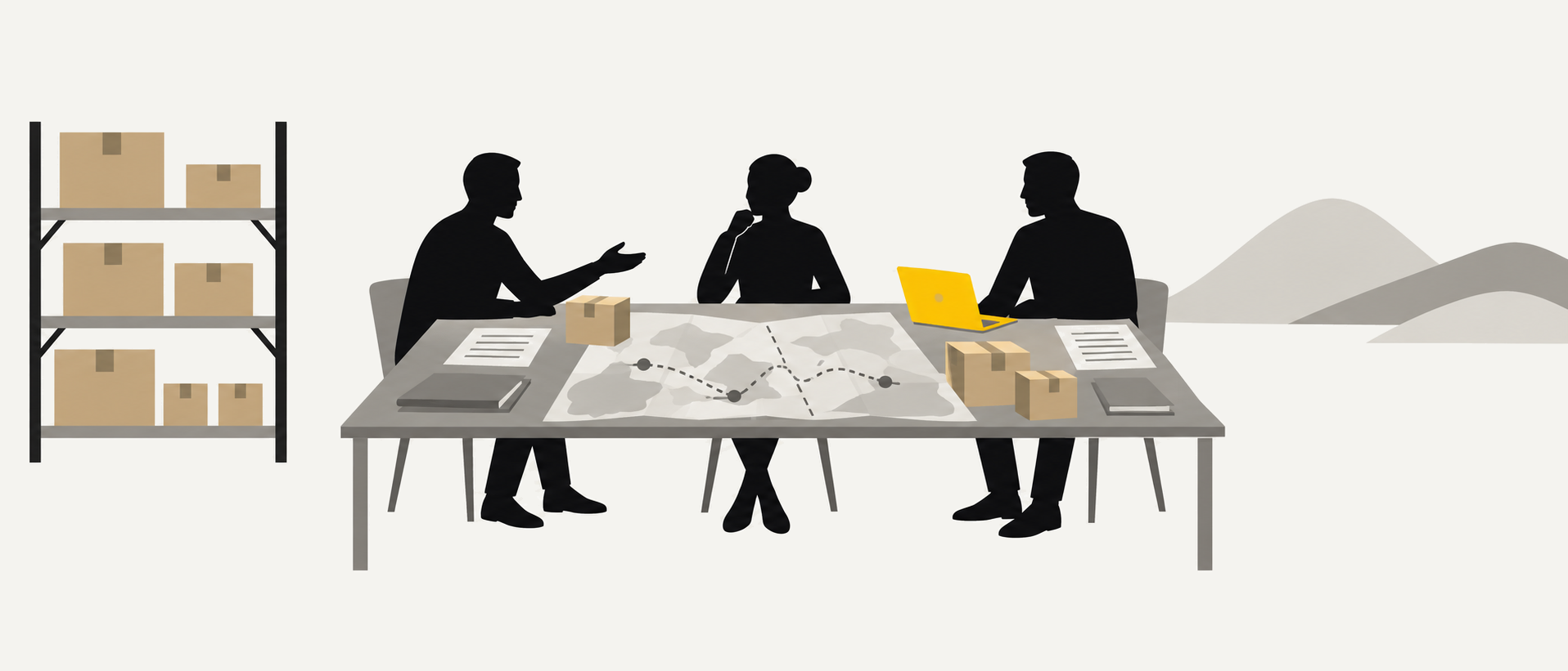 Illustration: Drei Personen besprechen an einem langen Tisch eine Karte mit einer Route über die Grenze, daneben Kartons und Ordner