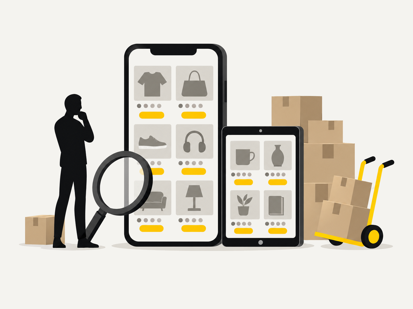 Illustration: Smartphone und Tablet mit Marktplatz-Angeboten, daneben Pakete und eine Sackkarre
