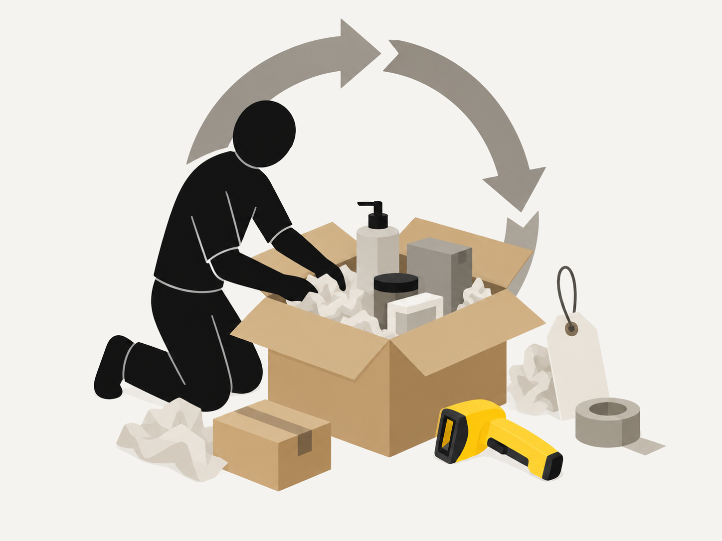Illustration: Offener Karton mit Produkten, Kreislaufpfeile und ein Handscanner