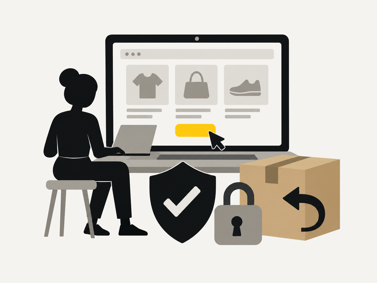 Illustration: Laptop mit Onlineshop, Schutzschild mit Haken, Schloss und ein zurückgeschicktes Paket