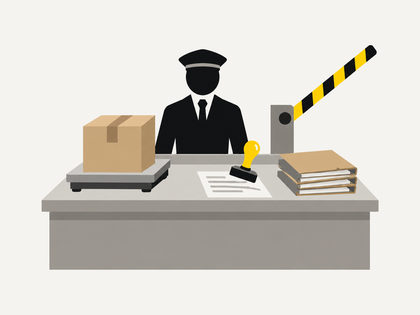 Illustration: Zollschalter mit Paket auf einer Waage, grossem Stempel und Aktenstapel