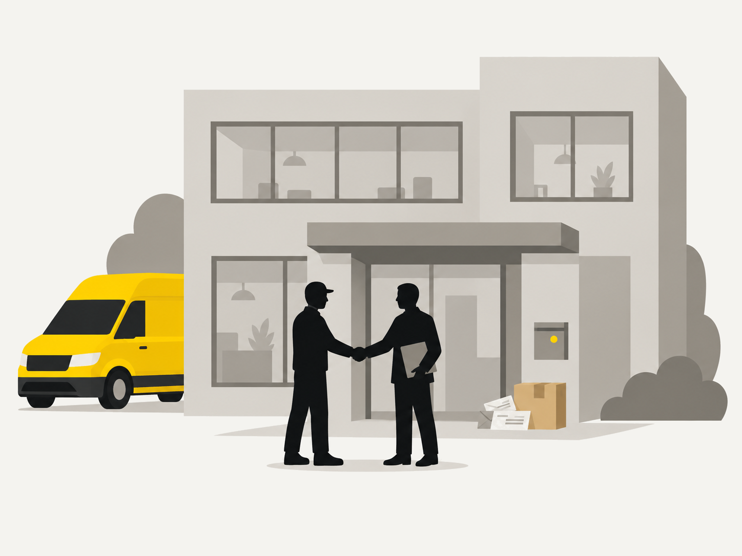 Illustration: Zwei Personen reichen sich vor einem Bürogebäude mit Briefkasten die Hand, Post und ein Paket kommen an