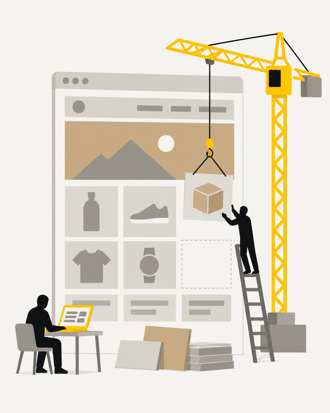 Illustration: Ein Kran setzt die letzte Produktkachel in eine Website, eine Person auf der Leiter hilft, eine zweite arbeitet am Laptop