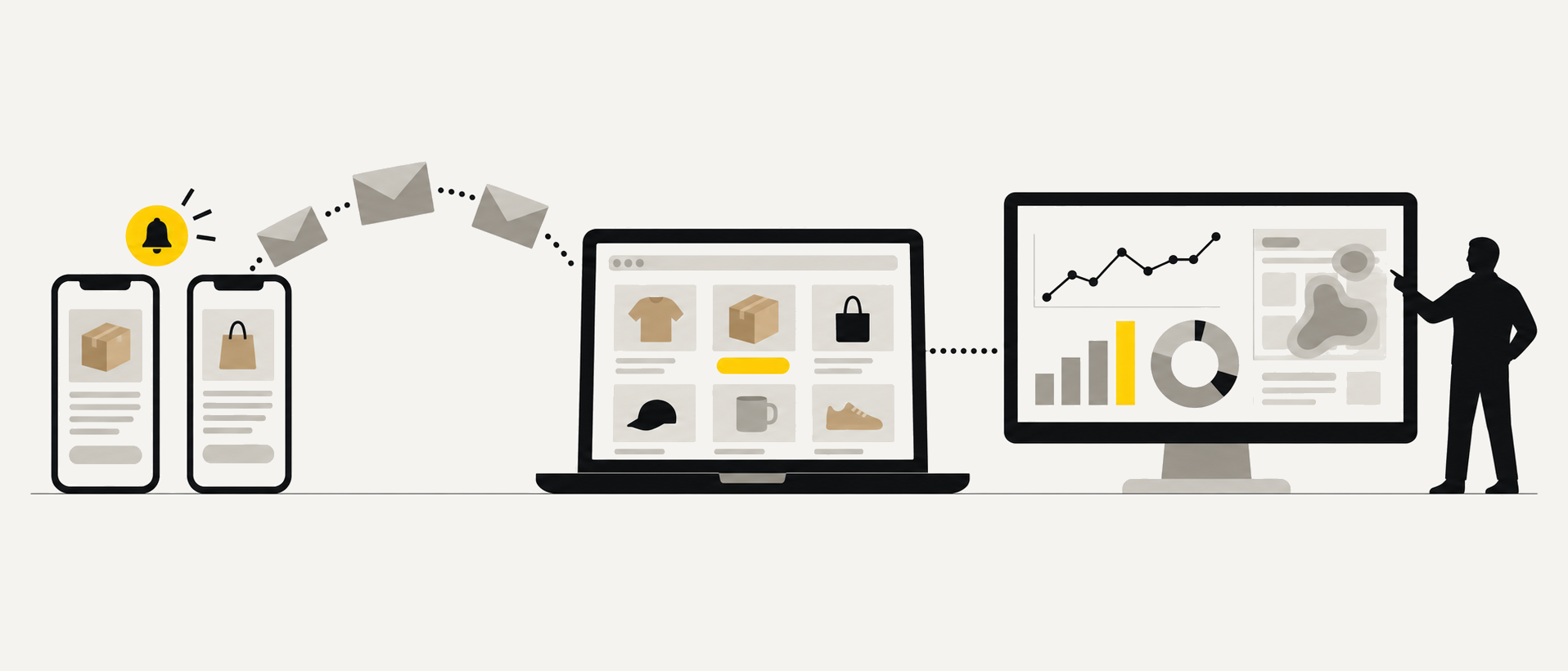 Illustration: E-Mails fliegen von einem Laptop mit Onlineshop zu zwei Smartphones, rechts zeigt eine Person auf ein Dashboard mit Diagrammen