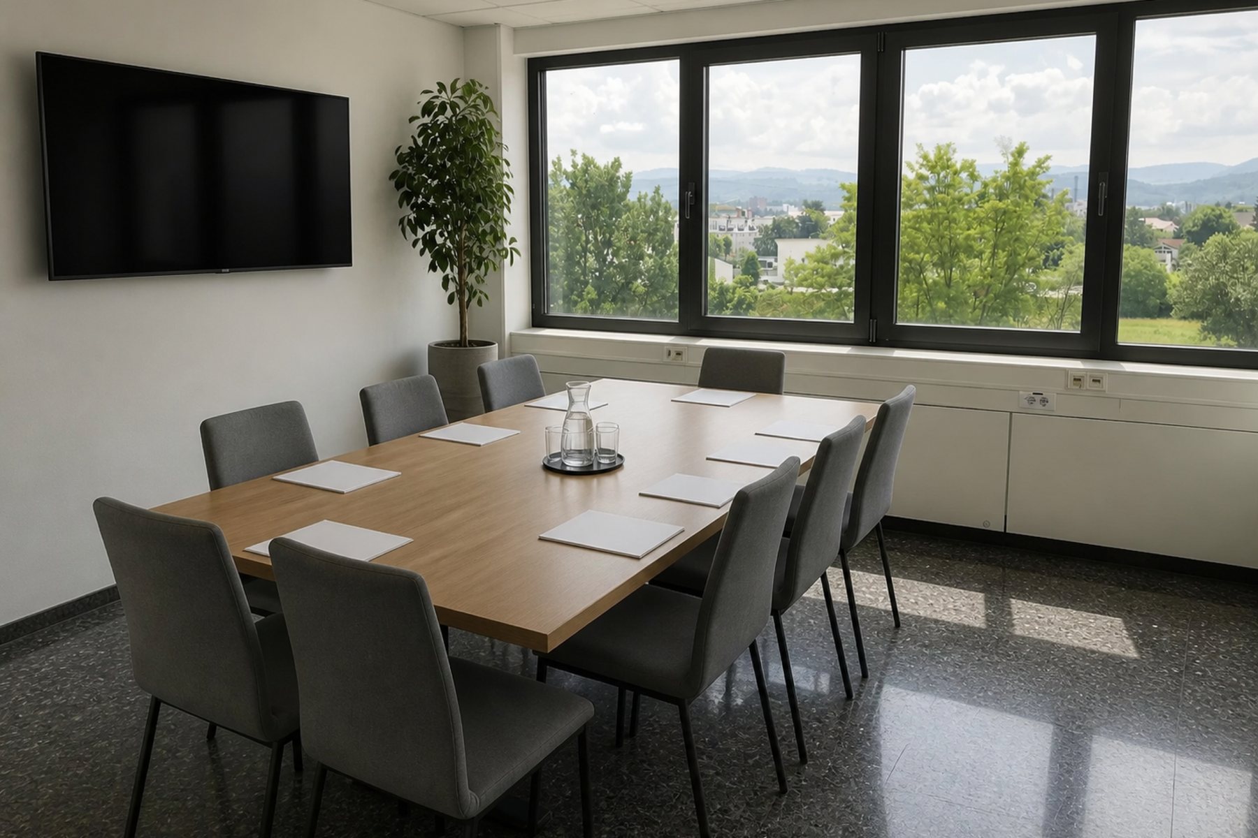 Besprechungsraum mit langem Tisch für acht, Bildschirm an der Wand und Fensterfront mit Blick ins Grüne