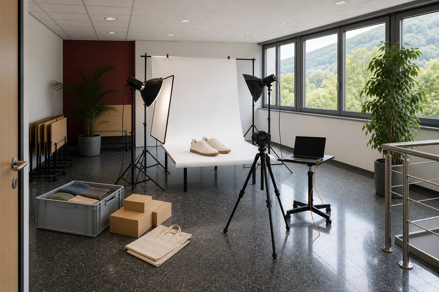 Büroraum, für einen Fototag ausgeräumt: ein Paar helle Sneaker auf weissem Hohlkehlen-Hintergrund, Lampen auf Stativen, Kamera am Stativ, daneben eine Kiste mit gefalteter Ware und Kartons