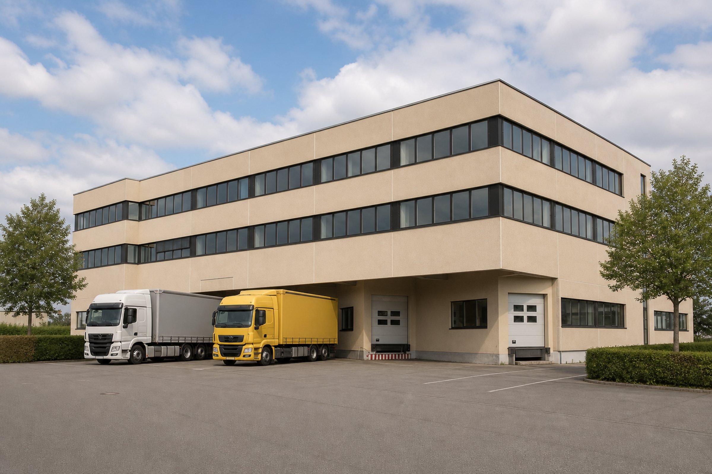 Das Gebäude in Rheinfelden von aussen: drei Geschosse mit umlaufenden Fensterbändern, darunter die Verladerampe mit zwei Lastwagen