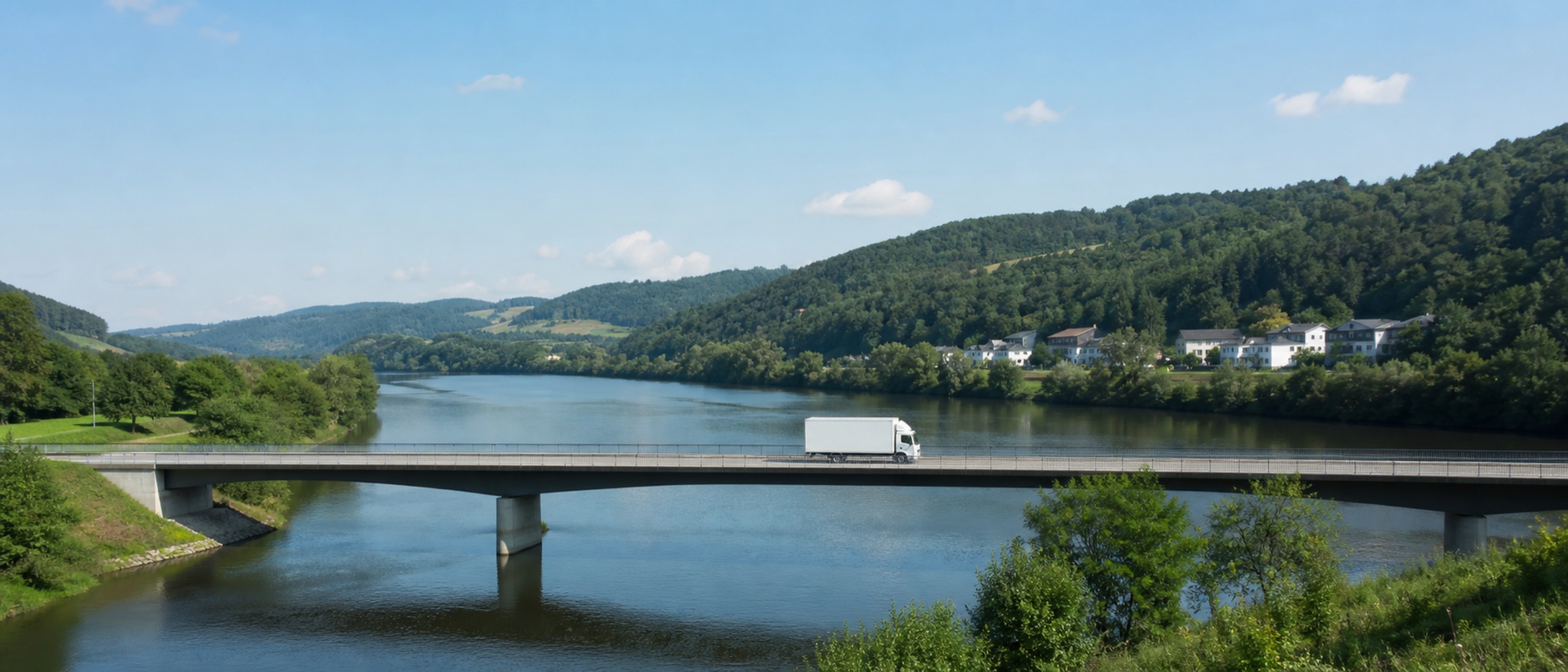 Ein weisser Lastwagen fährt über eine Brücke, die einen breiten Fluss in einem bewaldeten Tal überquert