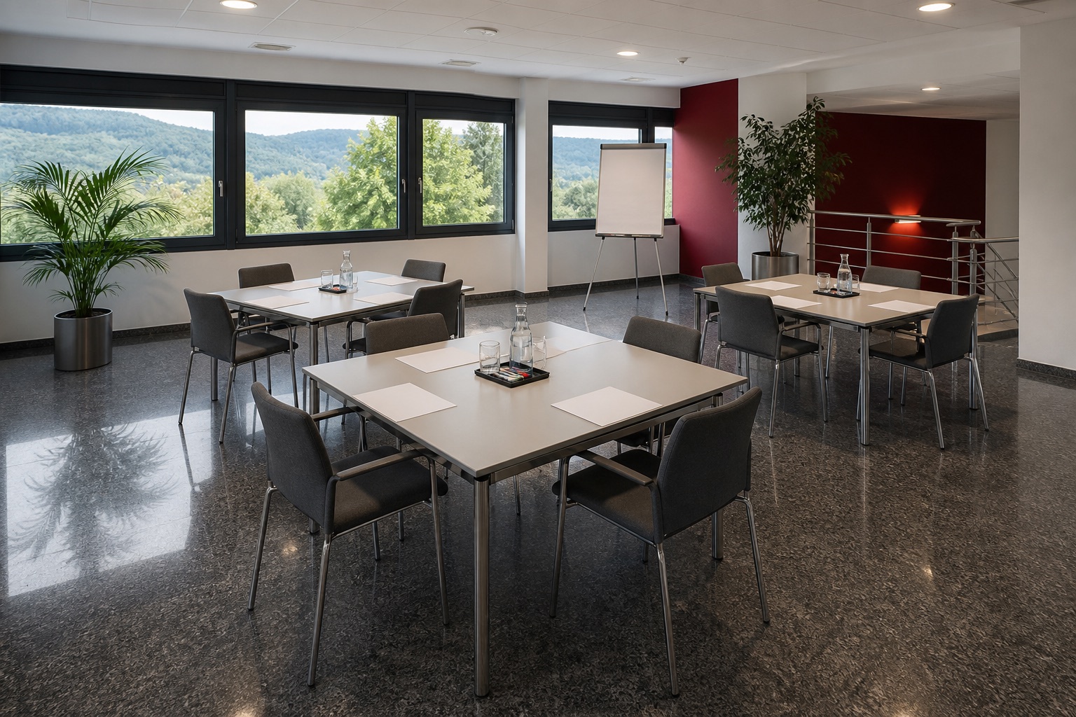 Raum mit drei zu Inseln gestellten Tischgruppen, Flipchart an der Wand und Blick auf bewaldete Hügel