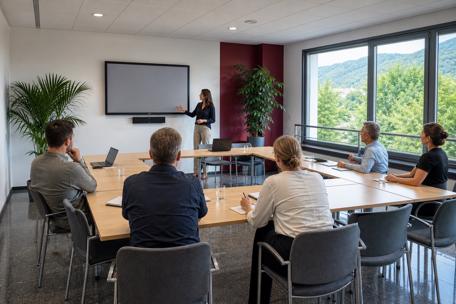 Besprechungsraum mit U-förmig gestellten Tischen, sechs Personen im Gespräch, Bildschirm an der Wand und Blick auf bewaldete Hügel