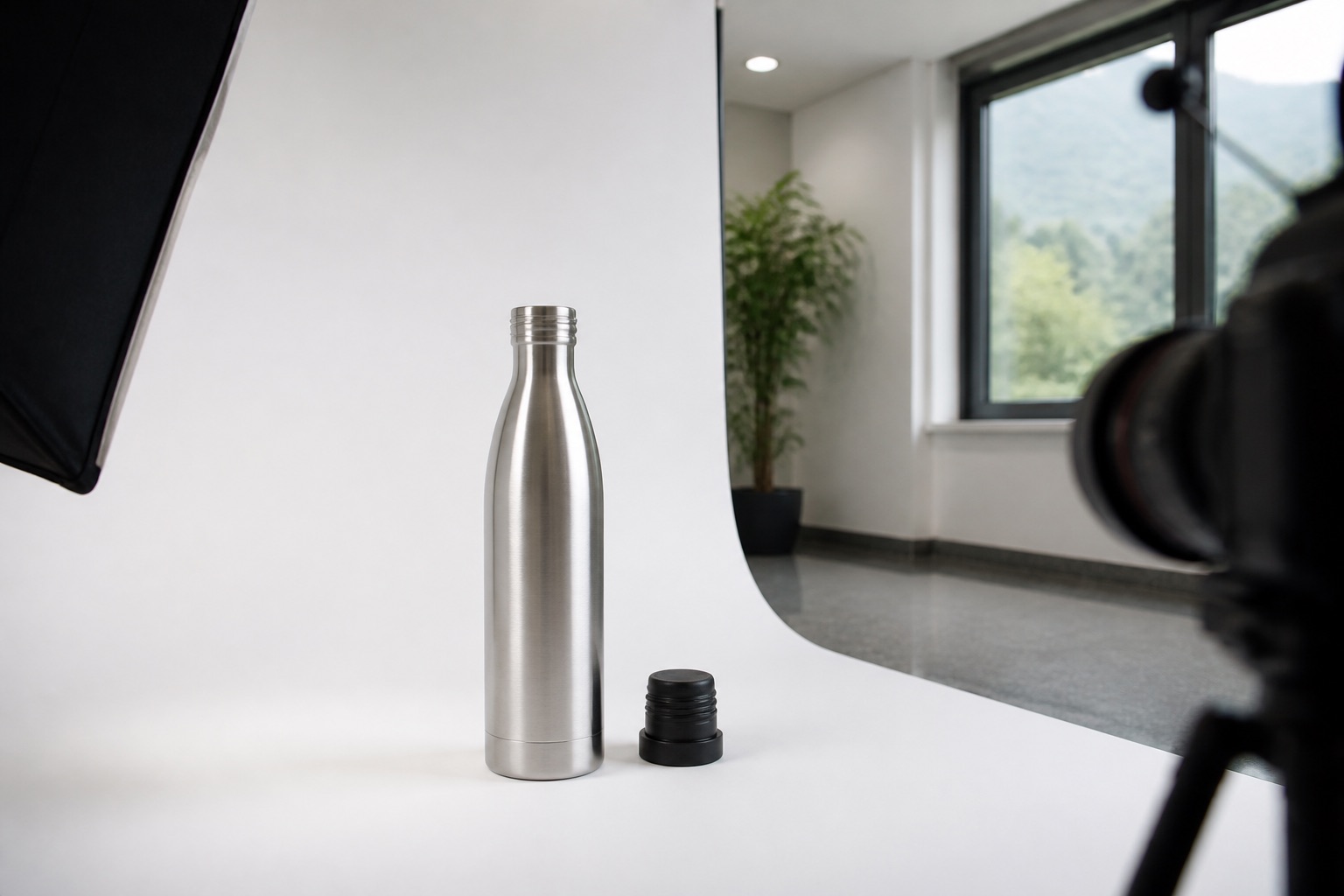 Nahaufnahme eines Aufbaus: eine Trinkflasche aus gebürstetem Edelstahl mit abgelegtem Deckel auf weissem Hohlkehlen-Hintergrund, weiches Licht von links