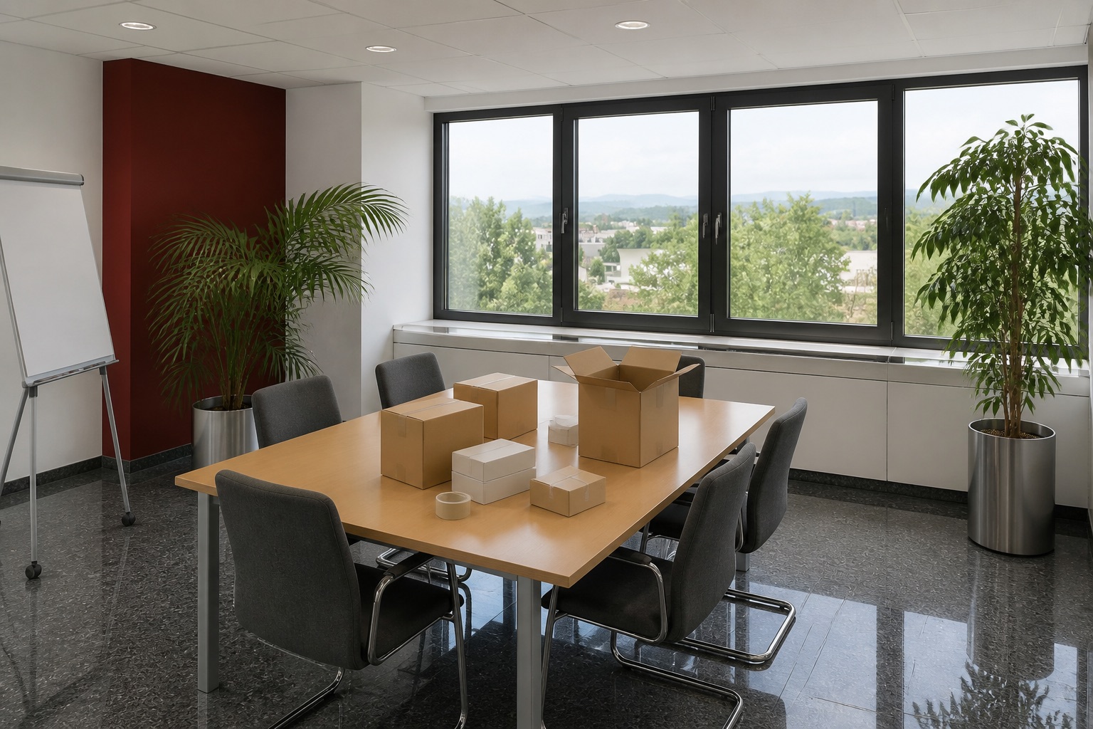 Arbeitstisch mit geöffneten braunen Kartons und Mustern, Flipchart daneben, Tageslicht von der Fensterseite