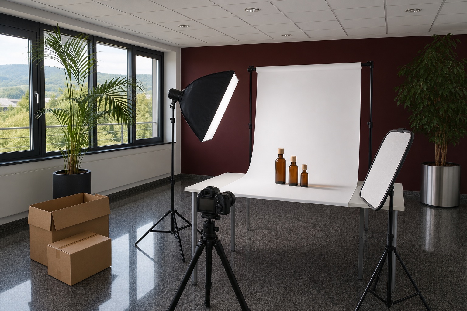 Ausgeräumter Büroraum mit weissem Hohlkehlen-Hintergrund: drei Braunglasflaschen mit Holzdeckeln im Licht der Softbox, Reflektor und Kamera auf dem Stativ