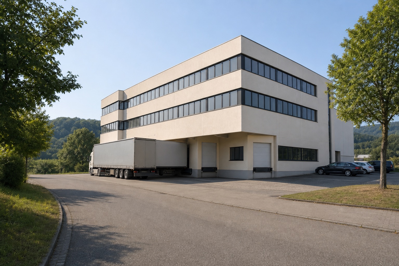 Das Gebäude von der Zufahrt aus: Bürogeschosse mit umlaufenden Fensterbändern, an der Flanke die Verladerampe mit einem Lastwagen, dahinter bewaldete Hügel