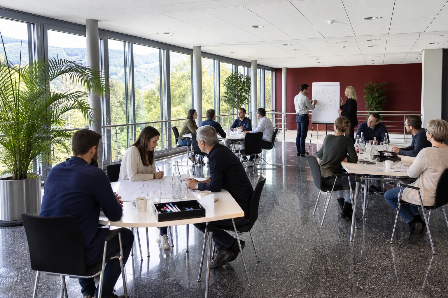 Arbeitstag in einem hellen Raum: Tische zu Inseln gestellt, eine Gruppe arbeitet an einem Flipchart und an Papierbögen