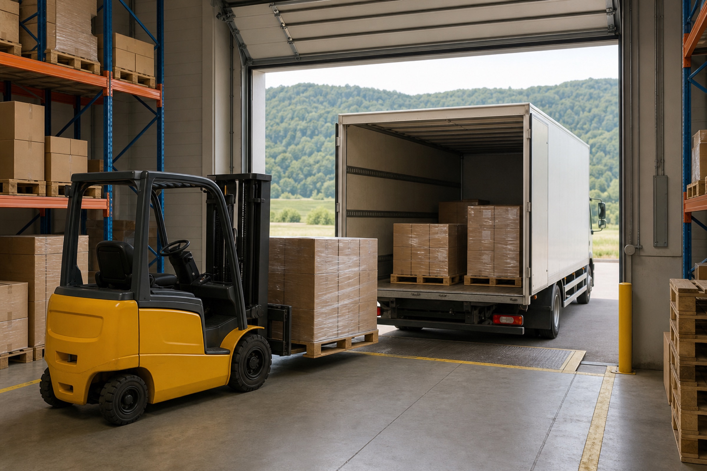 Verladung an der Rampe: Gabelstapler schiebt eine foliierte Palette in einen Lkw, dahinter Tageslicht und grüne Hügel