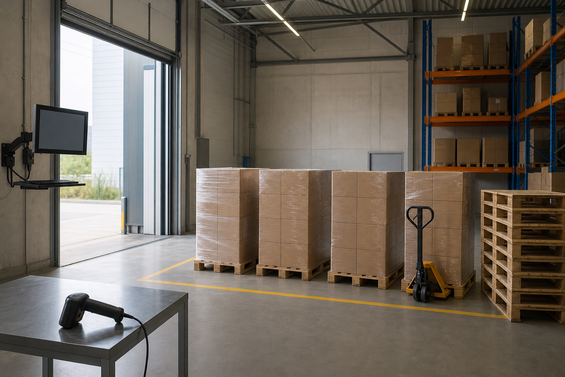 Wareneingang mit Paletten, Hubwagen und Regalreihen unter Hallenlicht